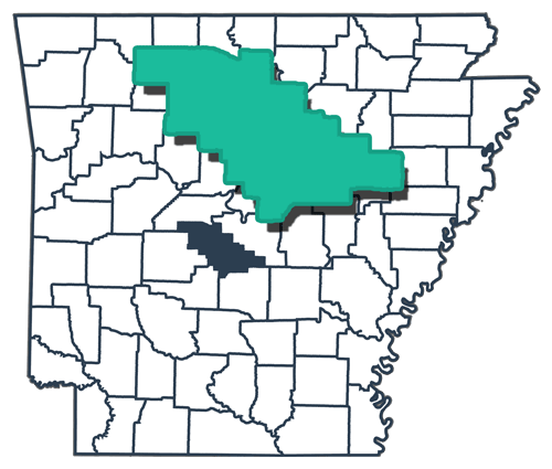 A county map of the state of Arkansas with Saline County enlarged.