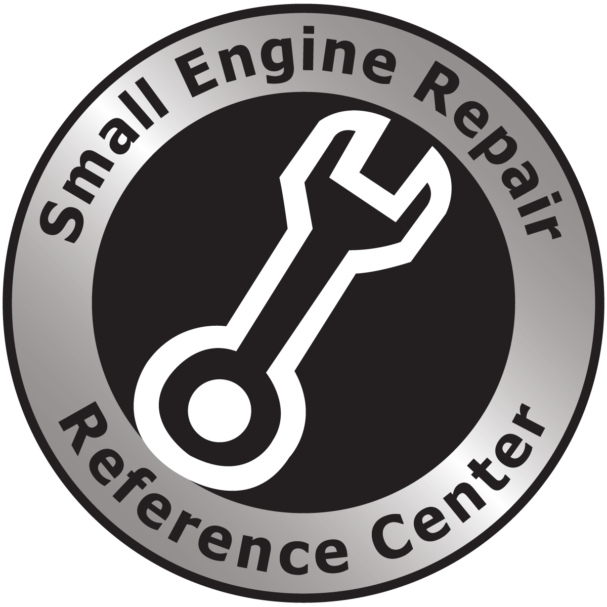 Small Engine Repair Reference Center around a black and white wrench.