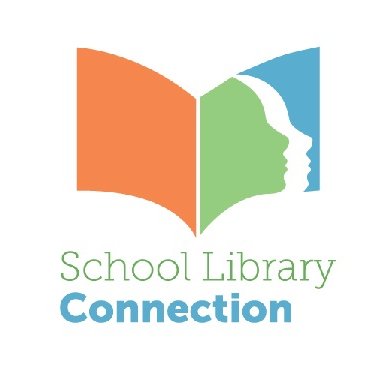 School Library Connection under an orange, green and blue open book with the profile of a person's face.