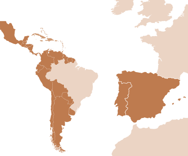 an orange shaded map with Latin American countries and Spain and Portugal shaded in darker orange